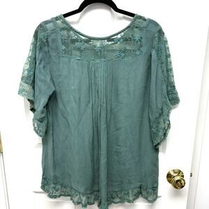 World Market Sage Green Blouse, Boho Shirt, Lace, Embroidered, Size S, Size M